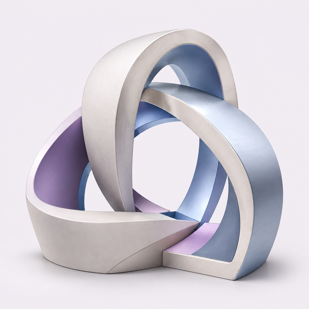 Interlocking architectural forms with restrained blue and lavender reflections